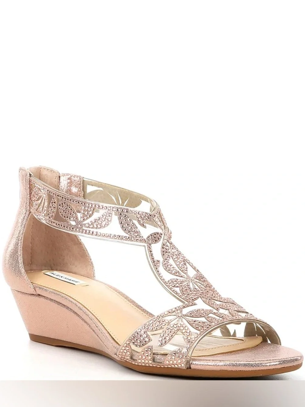 Alex Marie Rose Gold Embellished T-Strap Wedge Sandals